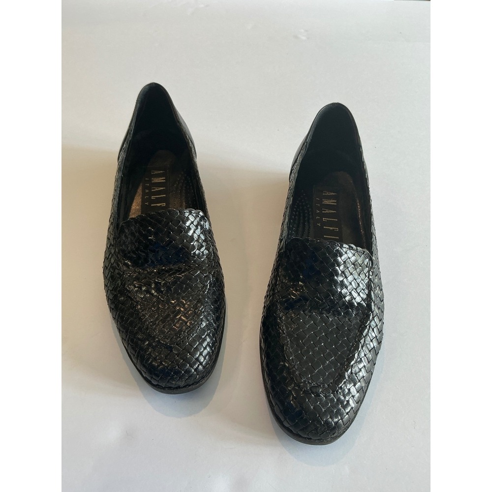 Vintage Amalfi Woven Black Leather Loafers Flats size 7 2A Narrow Italy